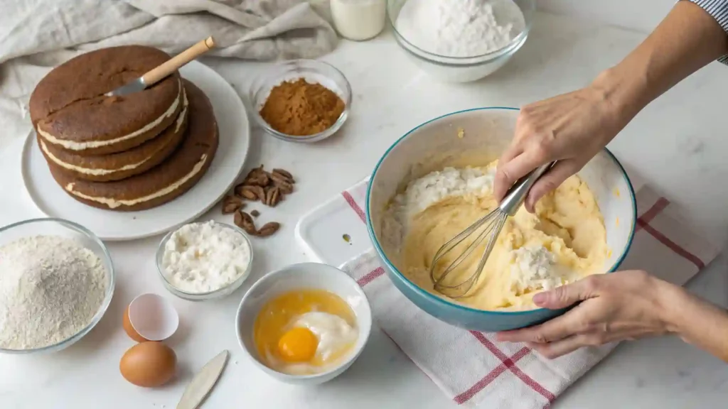 Kitchen table filled with fresh ingredients, spices, handwritten recipe cards, and several finished homemade dishes.