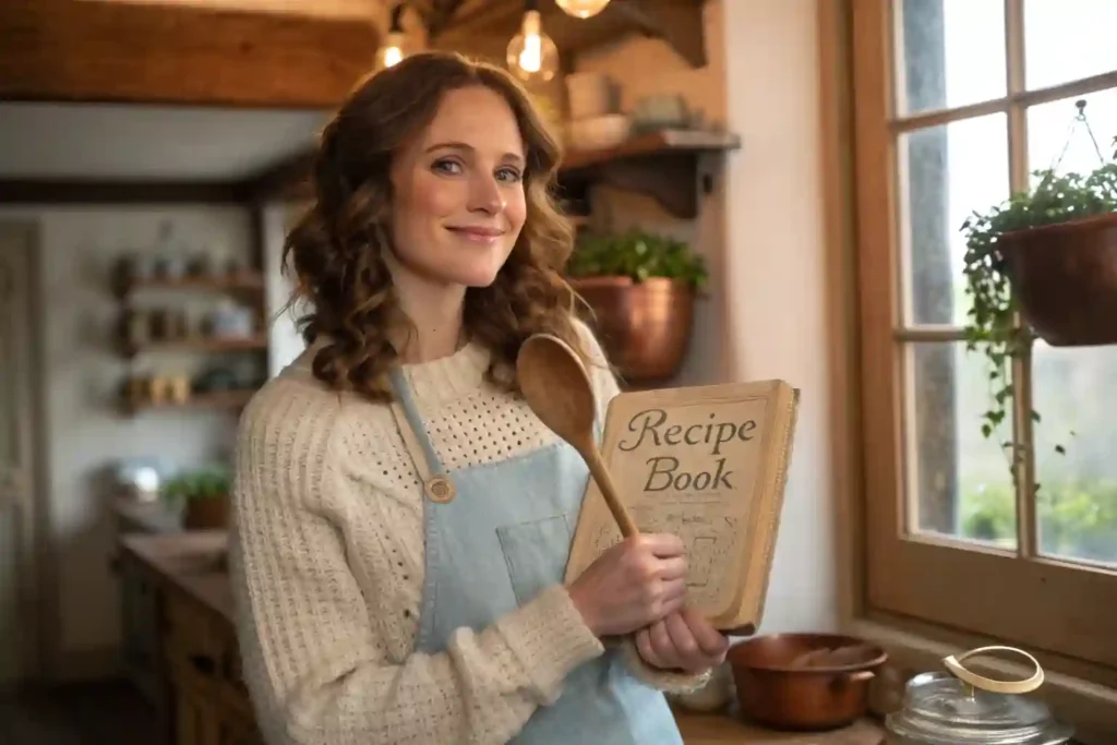 A young woman smiling while wearing a blue apron and a white wool sweater, holding a wooden recipe book and a wooden spoon in a warm, rustic kitchen.