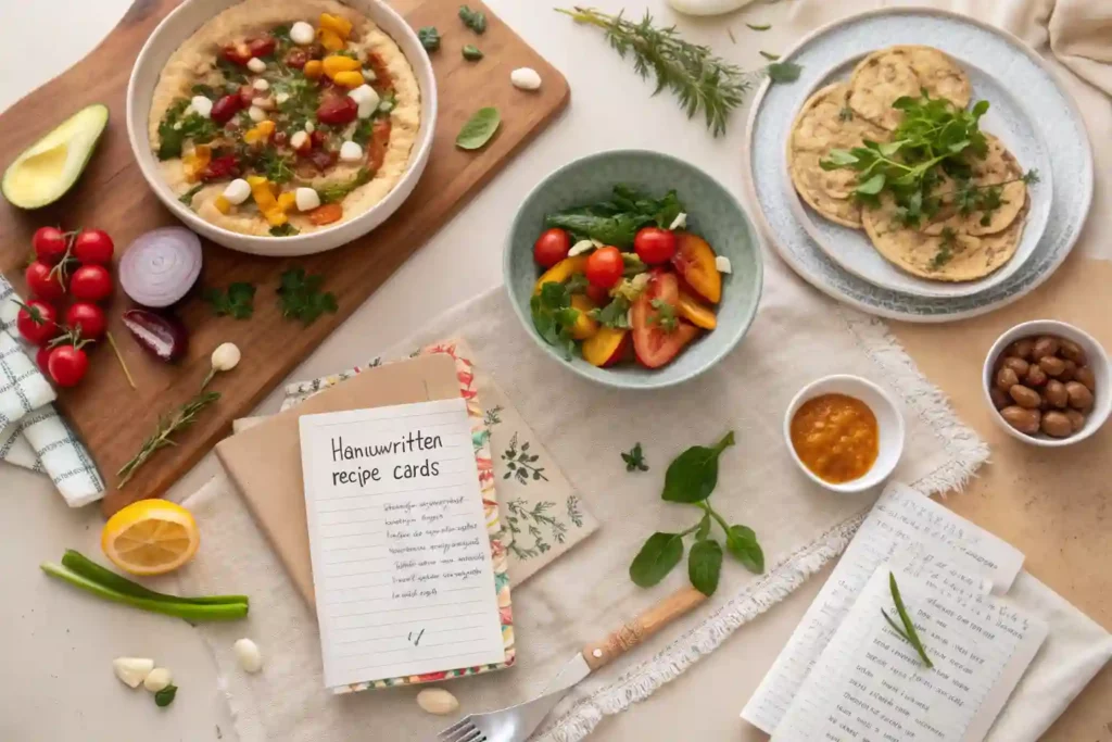 Flat lay of a colorful, Mediterranean-inspired dinner table with hummus, salad, flatbread, fresh herbs, handwritten recipe cards, and vibrant vegetables.