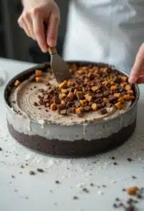 Reese's Peanut Butter Cup Ice Cream Cake: The Ultimate No-Bake Delight 11 Top layer of vanilla ice cream spread smoothly in pan