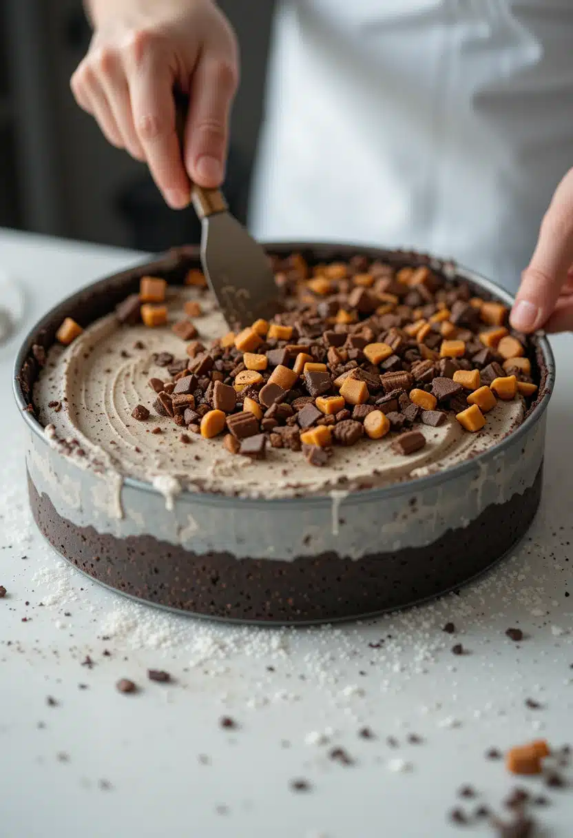 Top layer of vanilla ice cream spread smoothly in pan