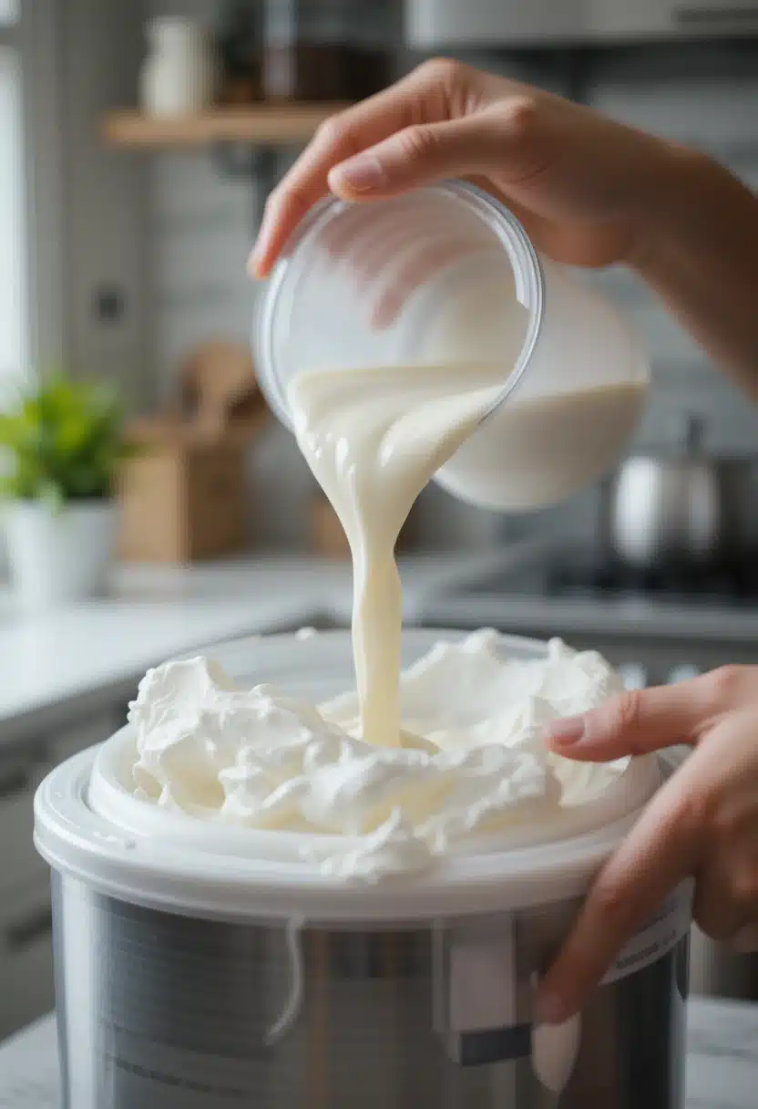 Pouring cream mixture into ice cream maker for chip chocolate ice cream