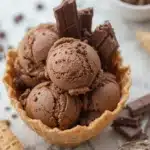 Chip chocolate ice cream scooped in cone and bowl with chocolate garnish