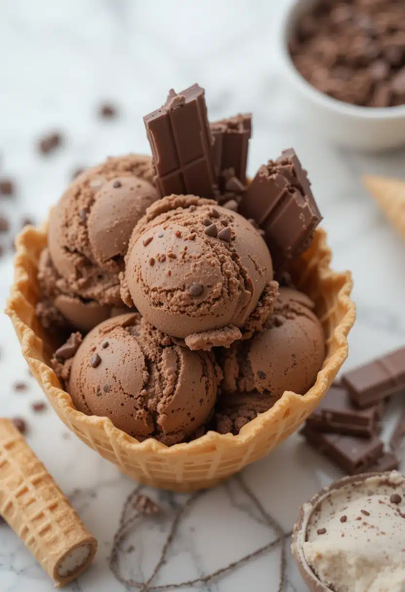 Chip chocolate ice cream scooped in cone and bowl with chocolate garnish