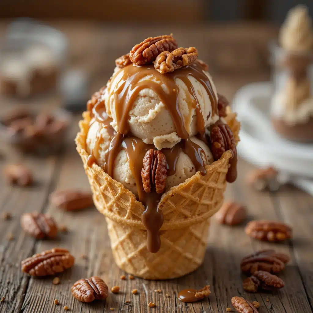 turtle ice cream cone with caramel and fudge