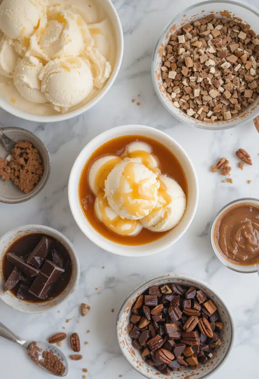 turtle ice cream ingredients on marble