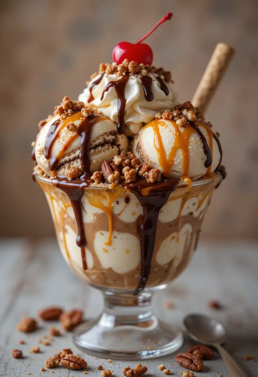 turtle sundae with caramel and nuts