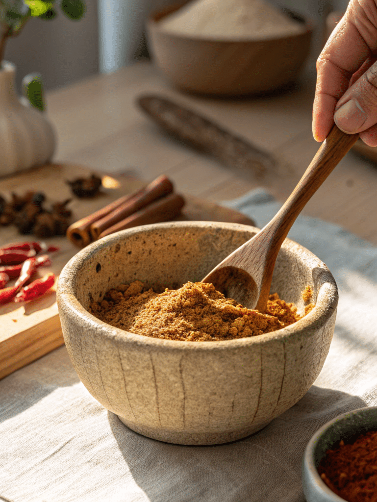 Hands mixing Lebanese 7 spice in a ceramic bowl