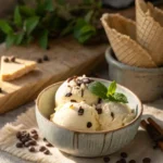 Homemade vanilla ice cream served in a bowl