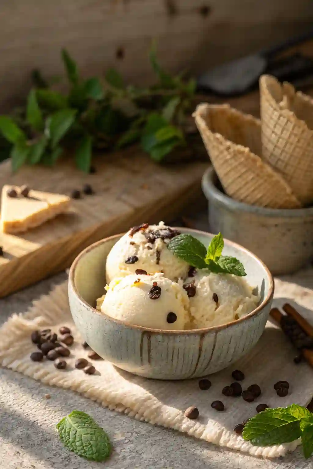 Homemade vanilla ice cream served in a bowl