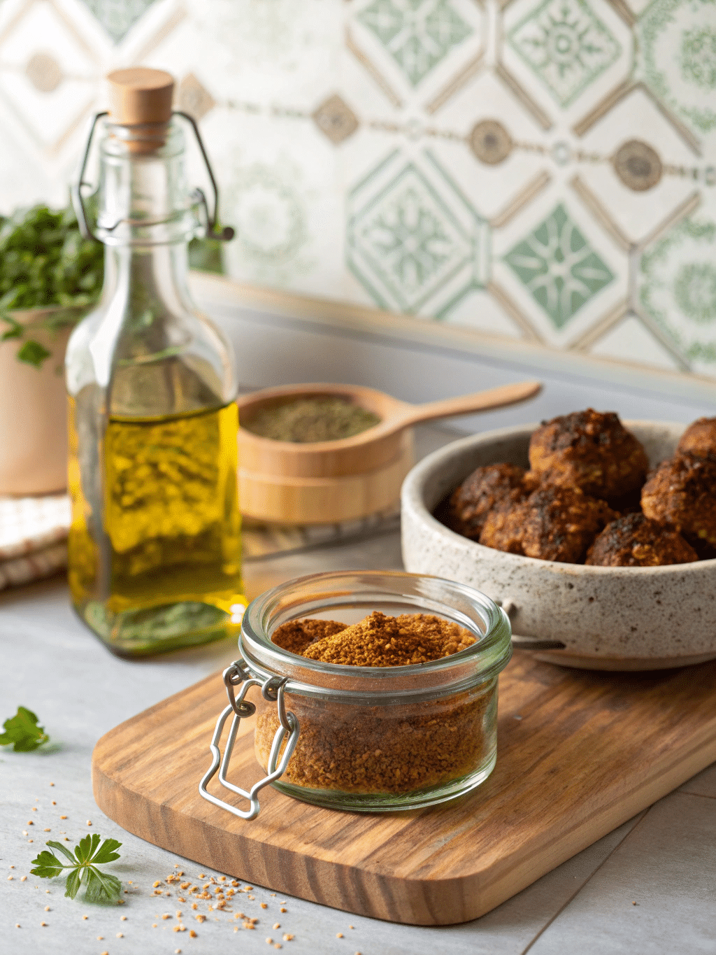 Lebanese 7 spice jar next to a kafta bowl on wooden board