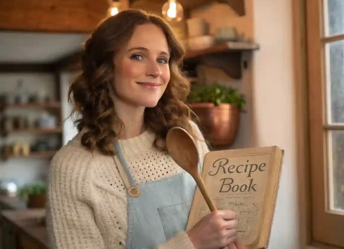 A young woman smiling while wearing a blue apron and a white wool sweater, holding a wooden recipe book and a wooden spoon in a warm, rustic kitchen.