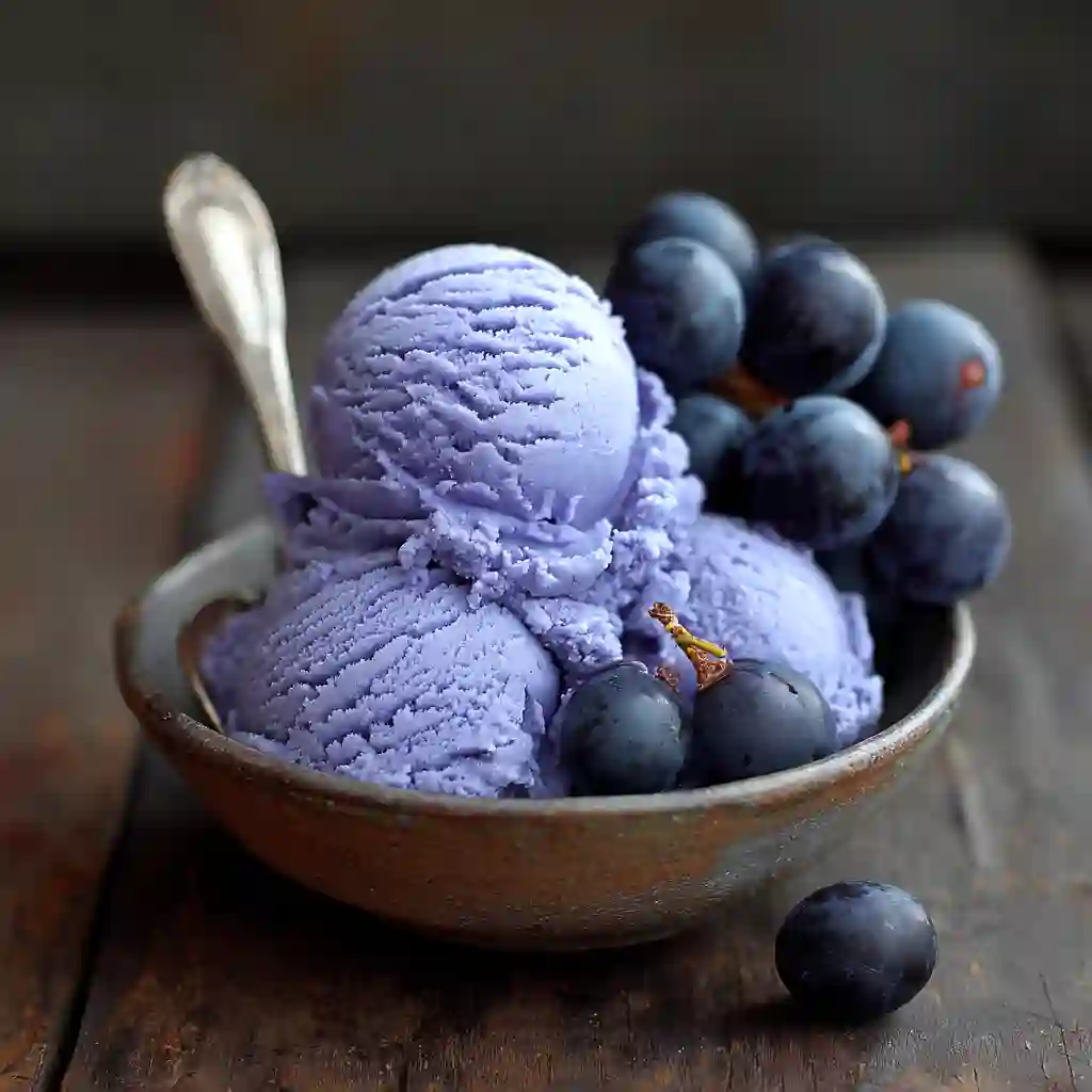 grape ice cream in a rustic bowl