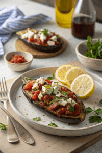Served Mediterranean baked eggplant with tomato and feta