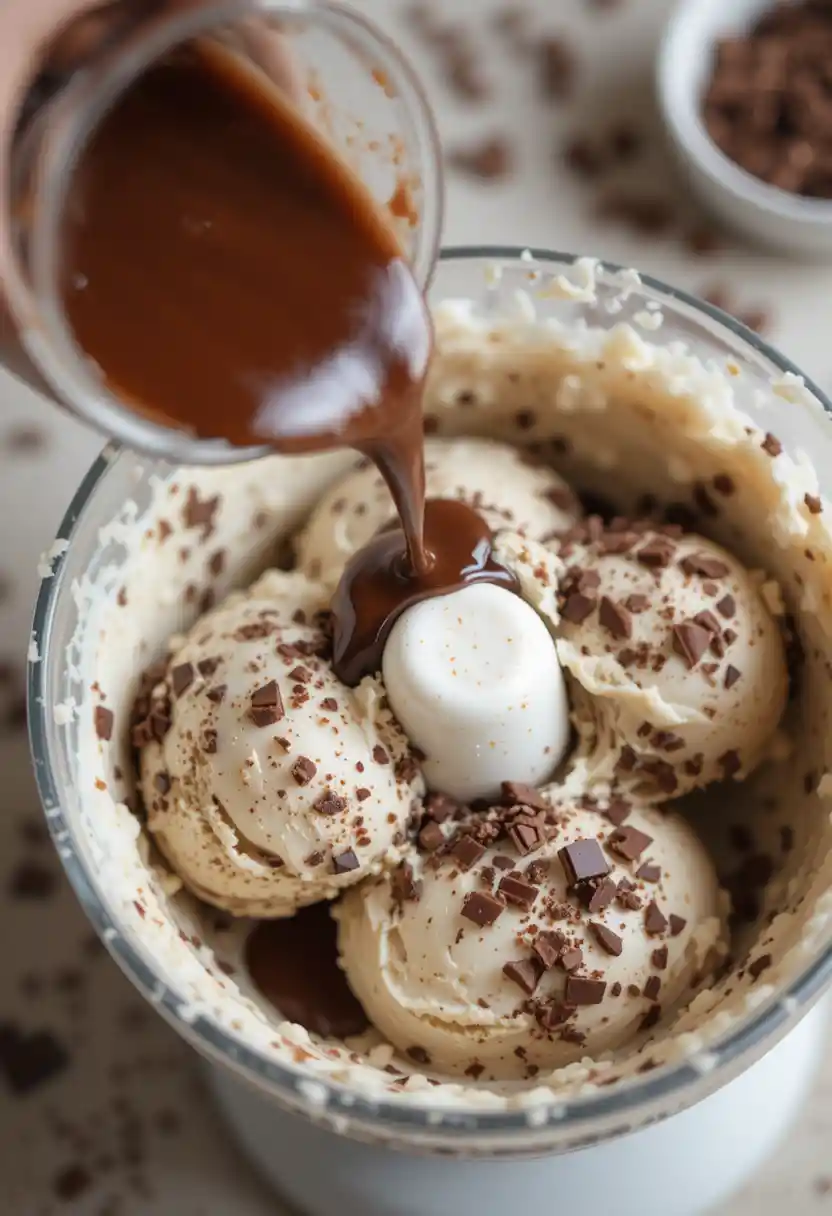  Drizzling melted chocolate into churning chip chocolate ice cream