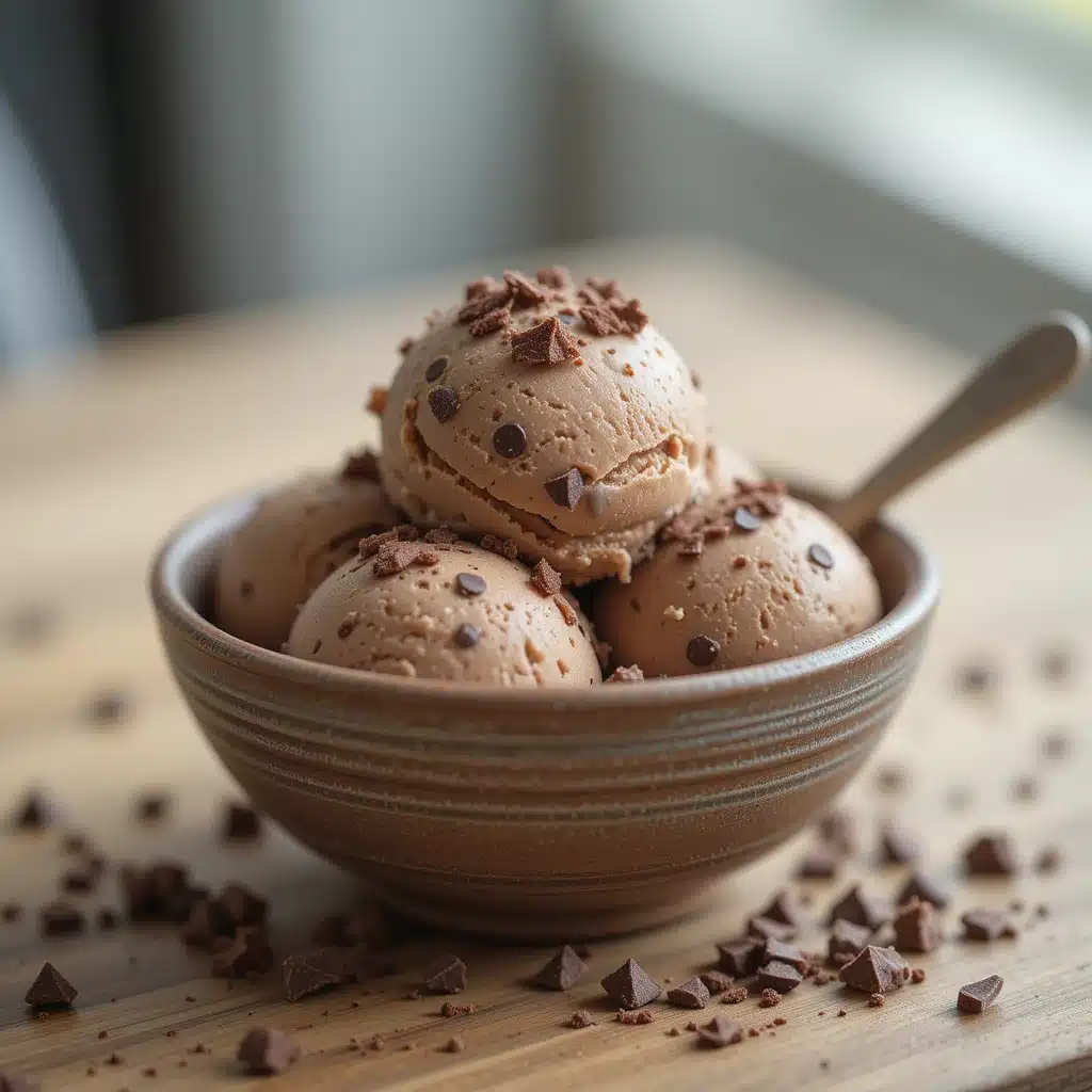 Creamy chip chocolate ice cream with crisp flakes in rustic bowl