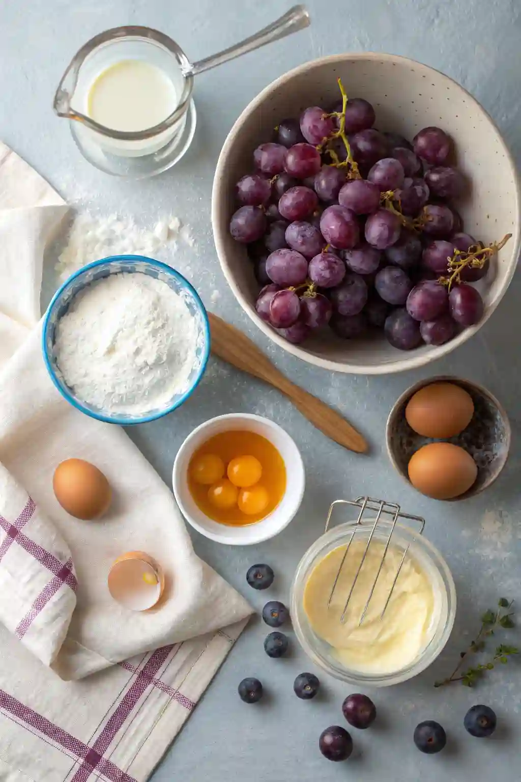 grape ice cream ingredients flat lay