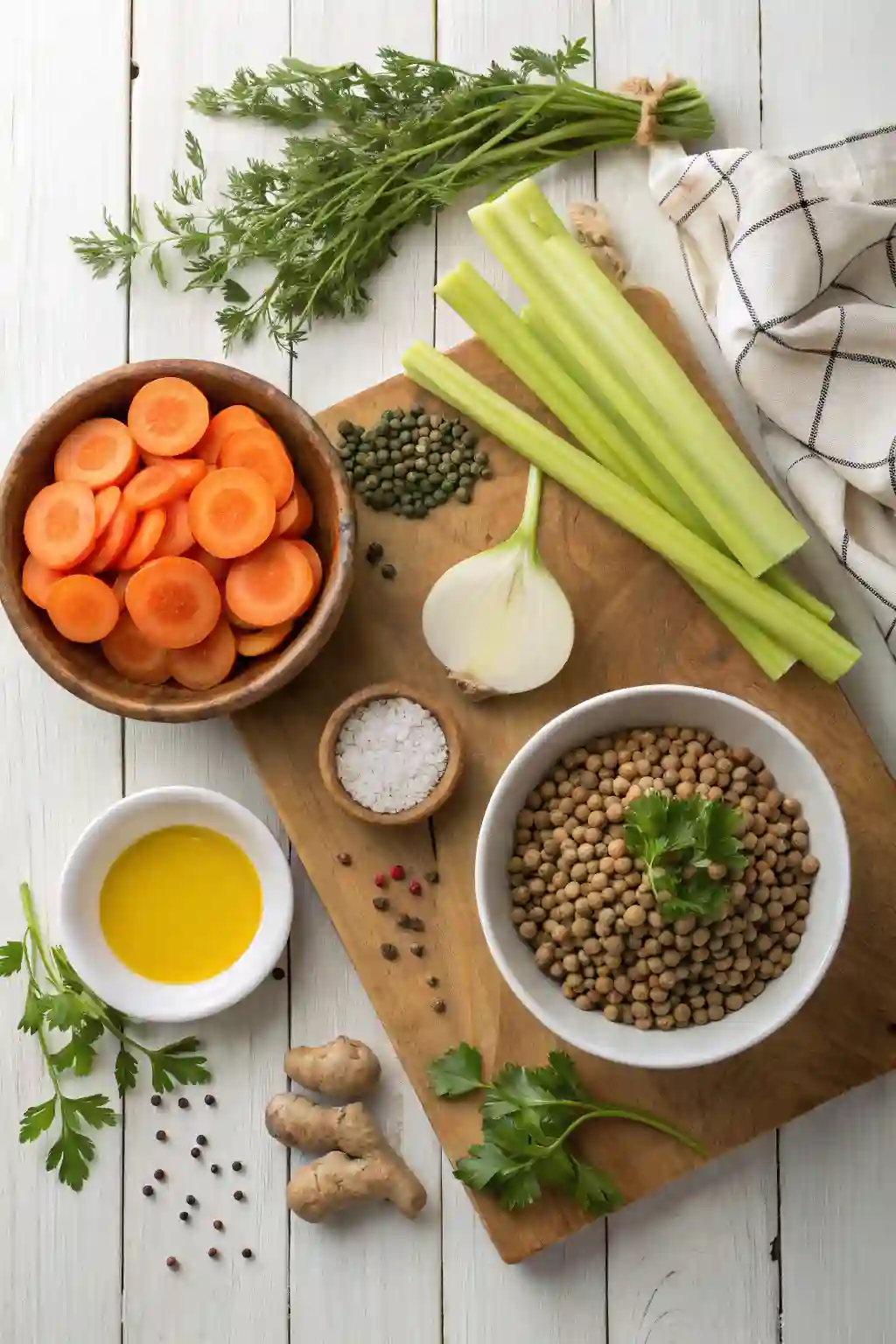 Fresh soup ingredients laid out on wooden table