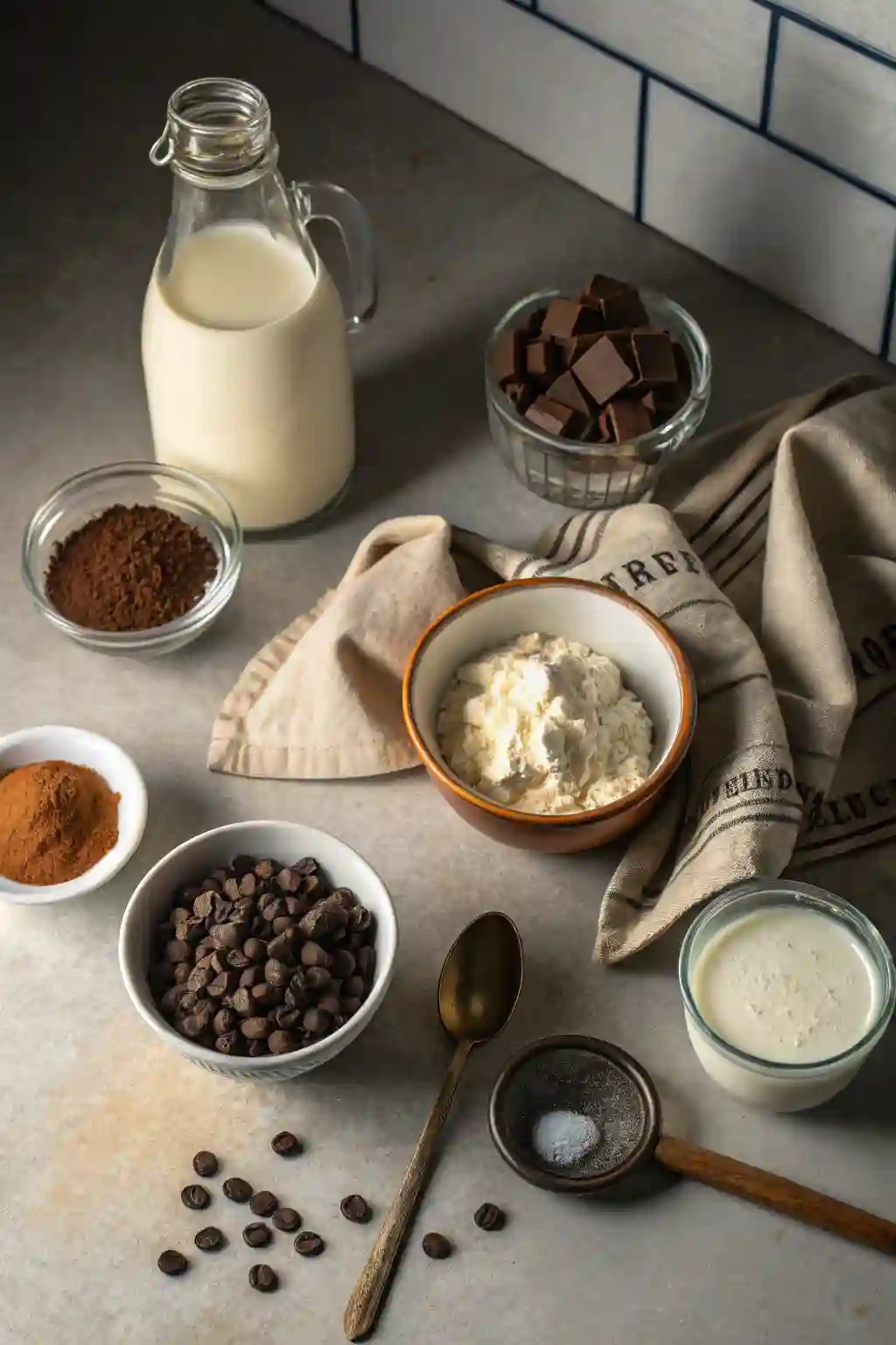 Ingredients for chip chocolate ice cream on a kitchen counter