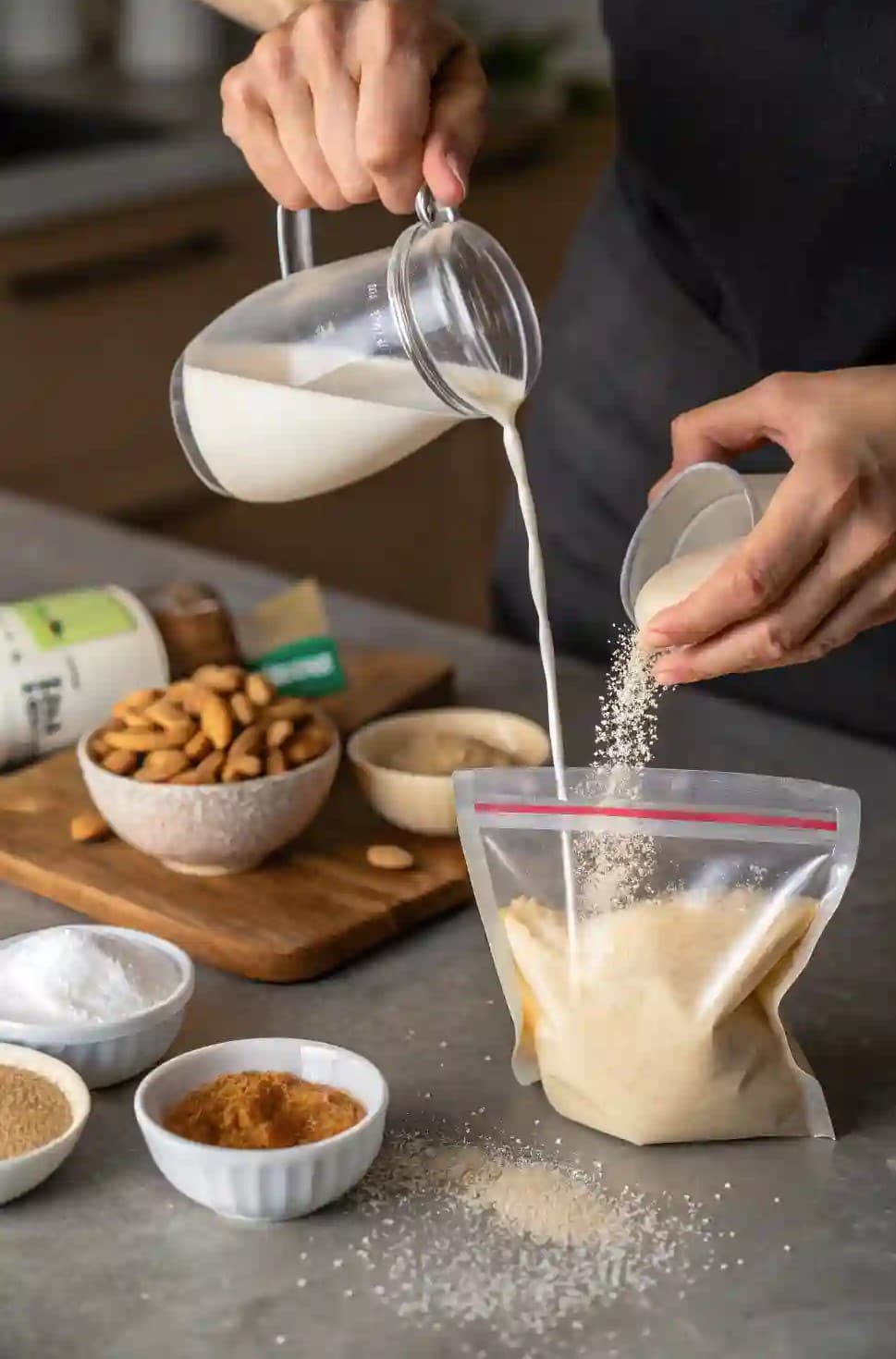 Pouring ingredients into small ziplock bag