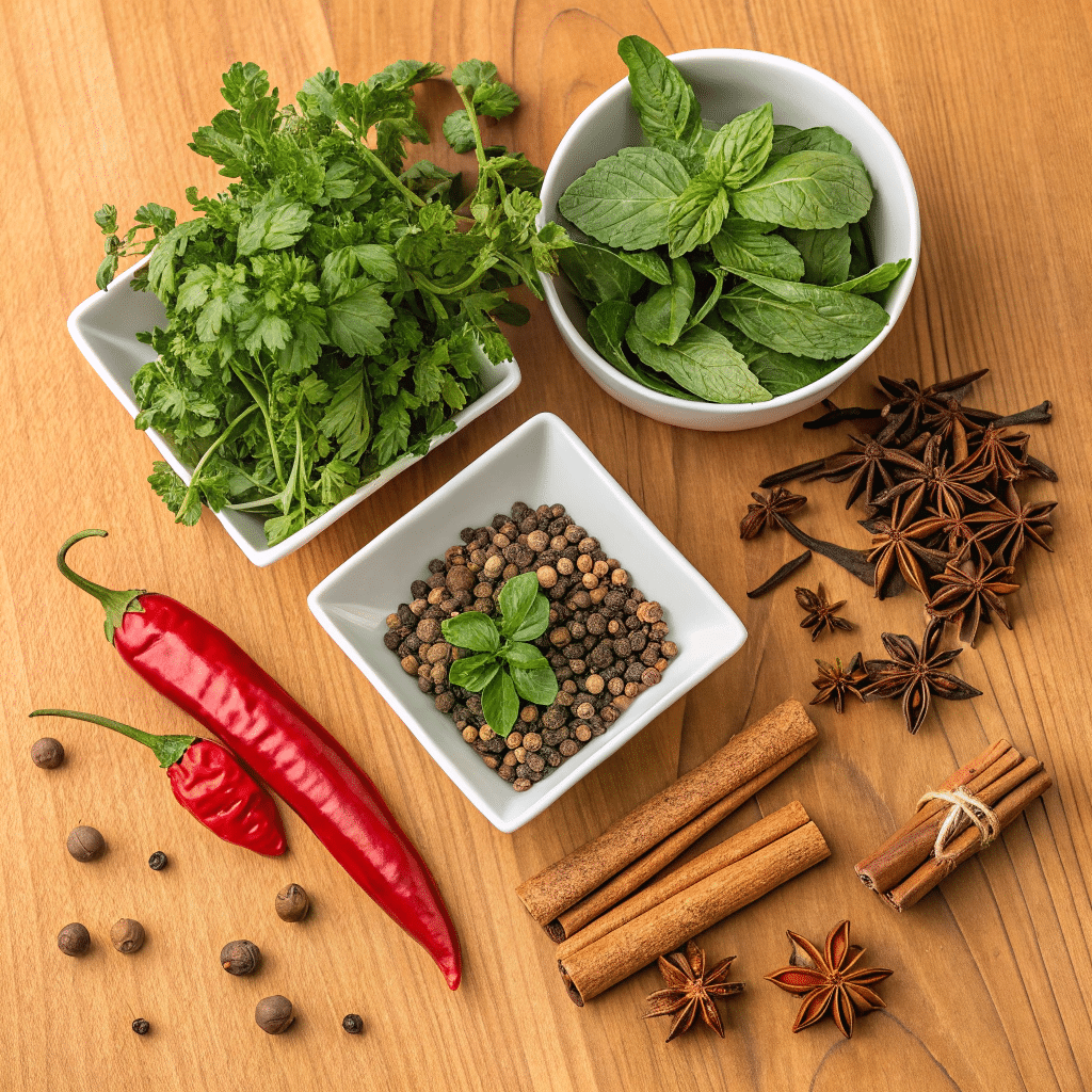 top view of fresh parsley and mint, star anise, cinnamon sticks, black peppercorns, and red chili peppers on wooden surface