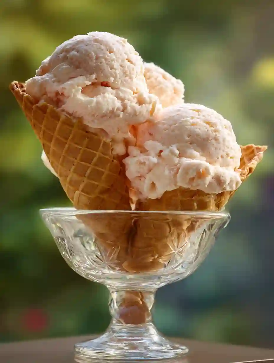 peach ice cream in waffle cone
