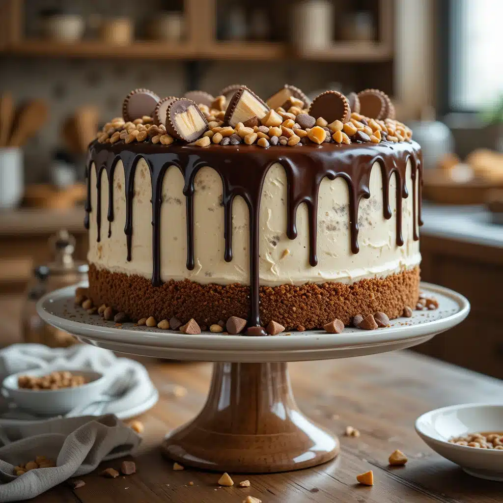 Reese’s Peanut Butter Cup Ice Cream Cake on a stand