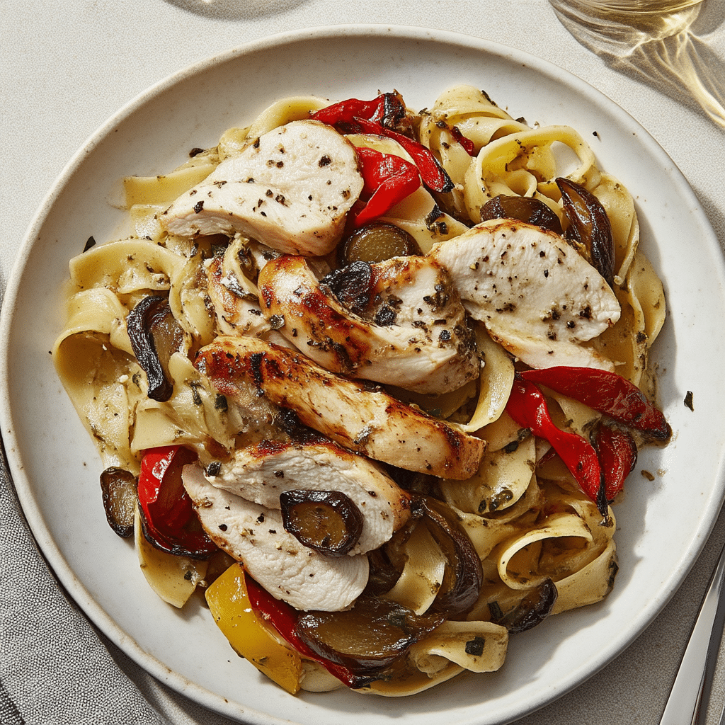 A healthy meal with grilled chicken, rotini pasta, broccoli, carrots, and green beans served on a ceramic plate on a marble kitchen counter.