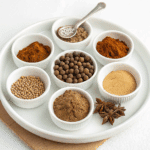 7 spice ingredients and final blend shown on recipe card