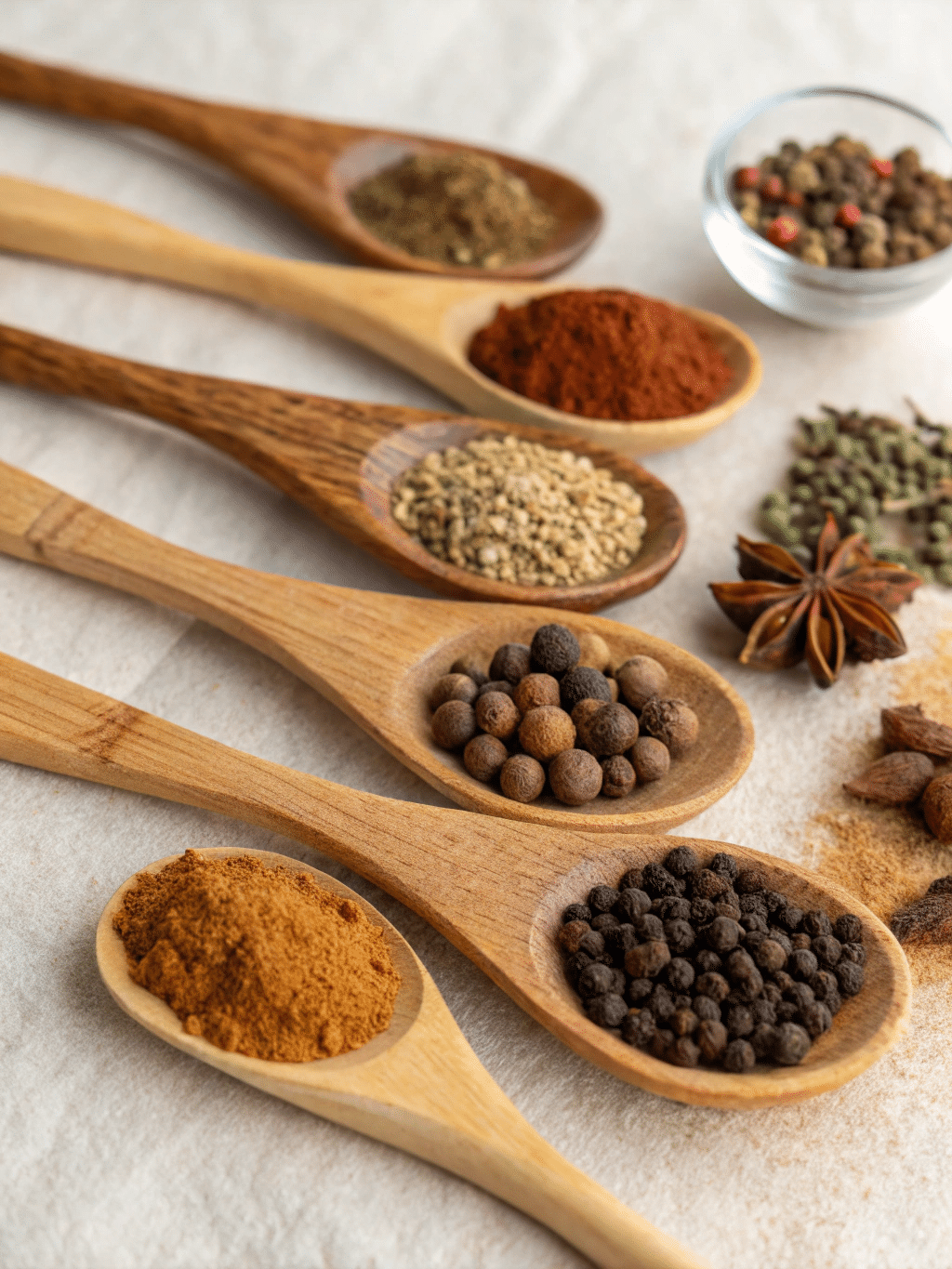 Measured 7 spice blend ingredients on parchment with wooden spoons