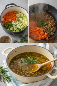 Soup Village Magic: A Flavorful Gathering of Comfort and Connection 10 Simmering soup with herbs; Sautéing vegetables