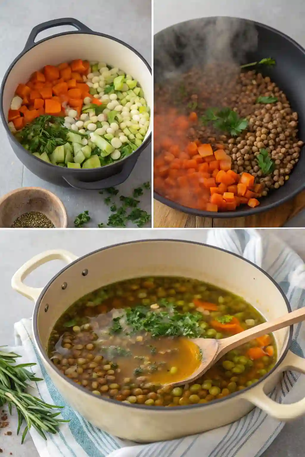  Simmering soup with herbs; Sautéing vegetables