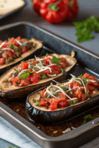 Cooking Mediterranean stuffed eggplant in oven