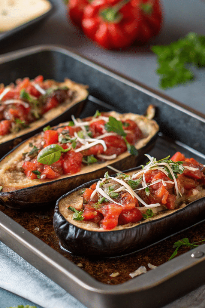 Cooking Mediterranean stuffed eggplant in oven