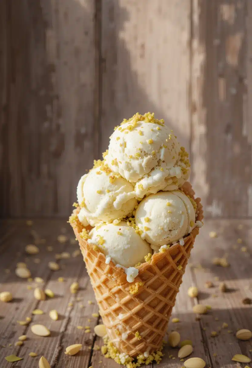 Serving goat milk ice cream with pistachios