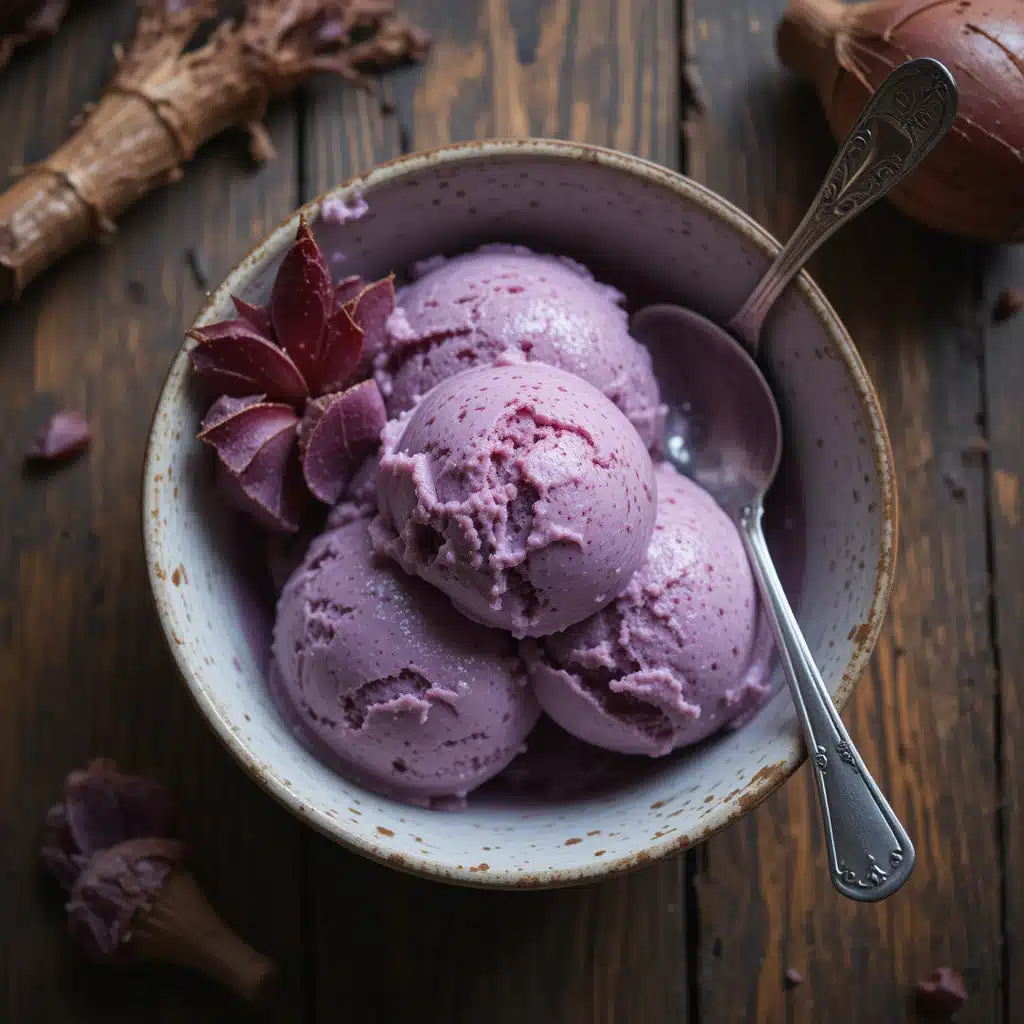 creamy purple taro ice cream in a rustic bowl