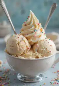 bowl of cake batter ice cream with sprinkles and frosting
