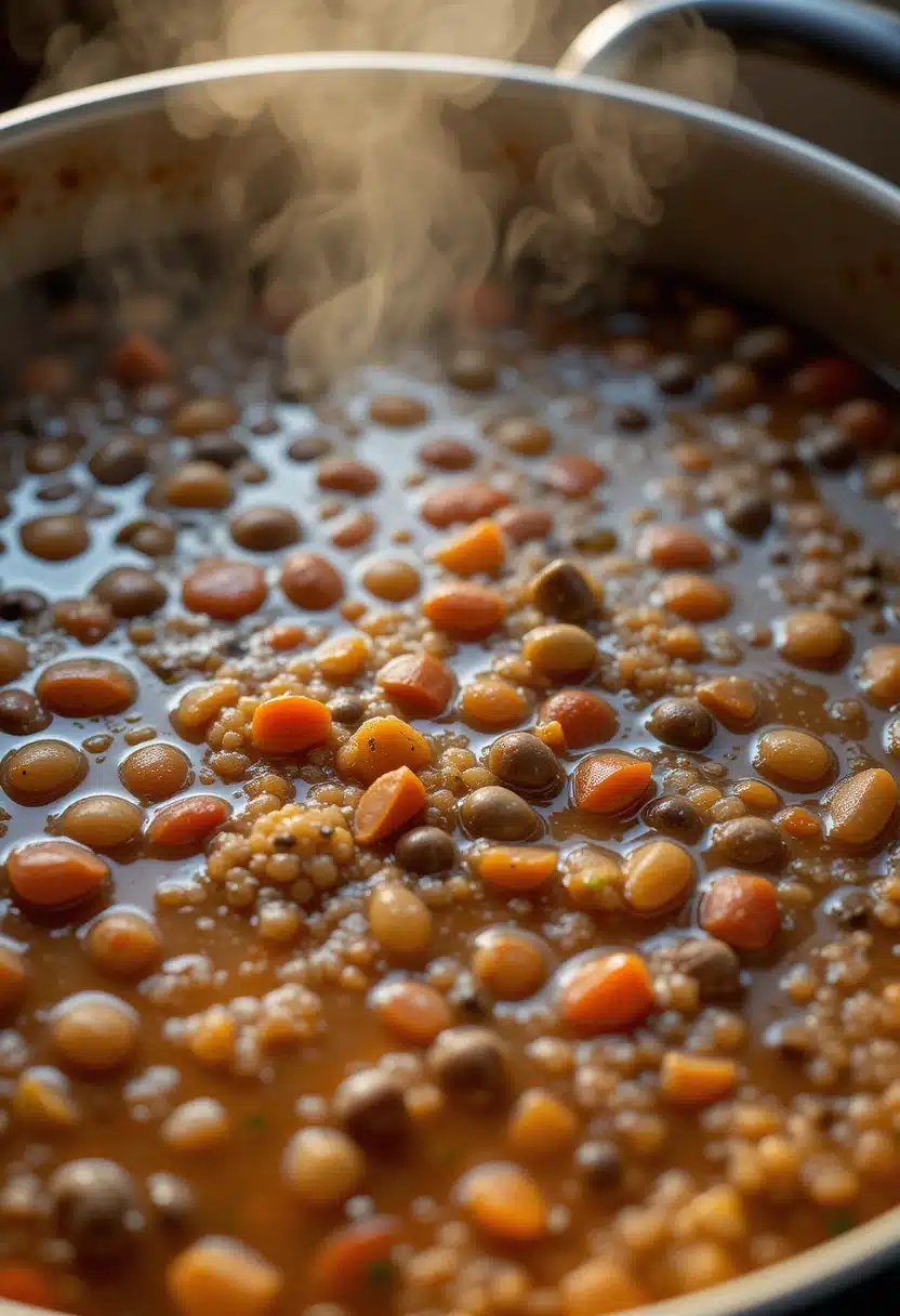 Ezogelin soup simmering with lentils and bulgur