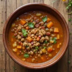 Ground Turkish soup vegetarian in clay bowl