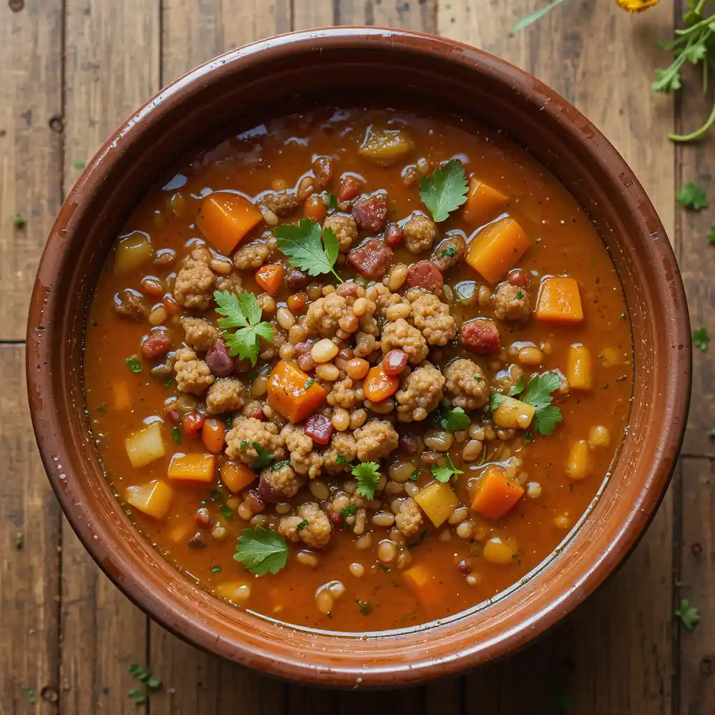 Ground Turkish soup vegetarian in clay bowl