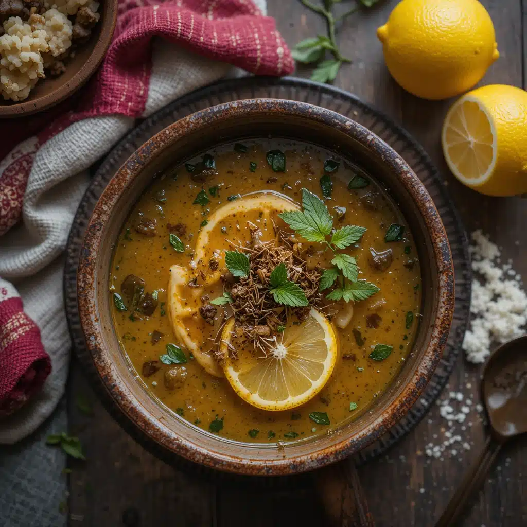 Turkish Ezogelin soup in rustic bowl with mint and lemon