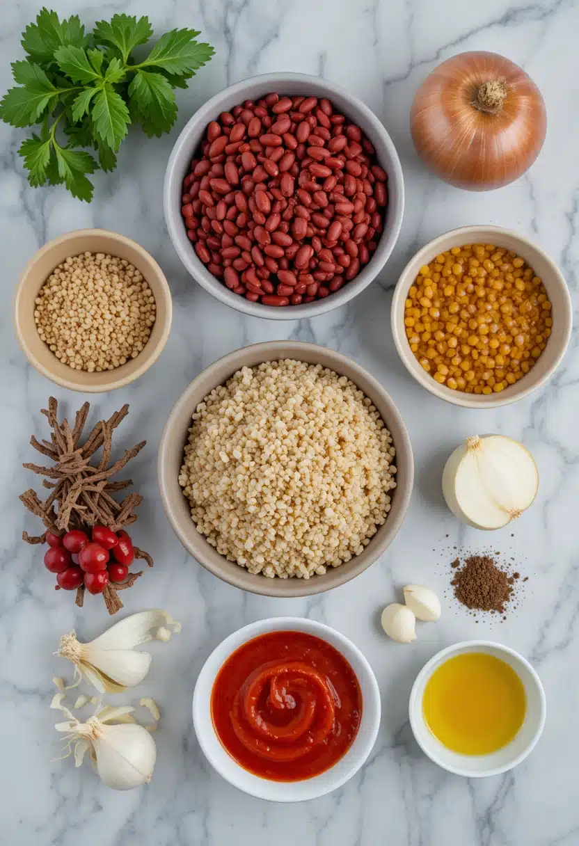 Ingredients for Turkish Ezogelin soup on kitchen counter