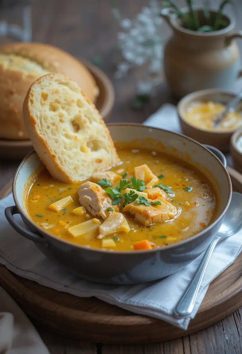 Serving Turkish soup with bread