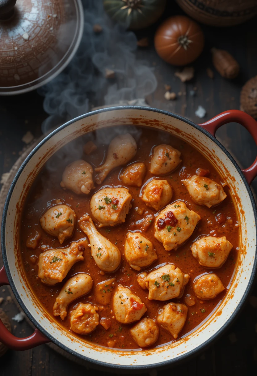  Chicken simmering in tomato stew for Turkish recipe