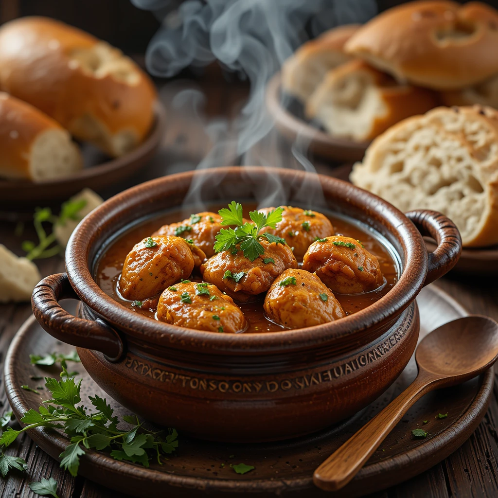 Traditional Turkish chicken stew served in clay bowl
