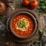 Turkish tomato soup recipe in a rustic bowl with cheese and mint