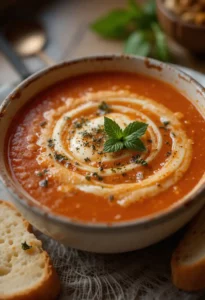 Served Turkish tomato soup with cheese and bread