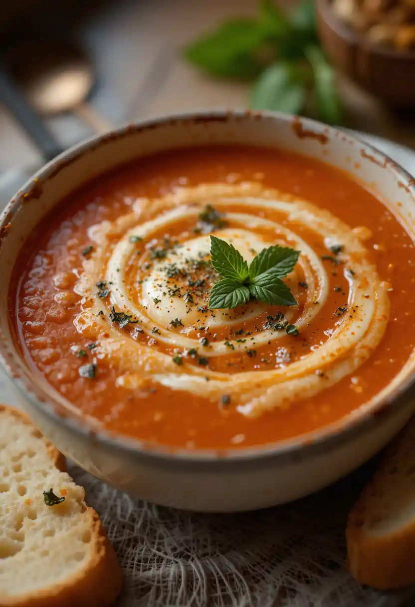 Served Turkish tomato soup with cheese and bread