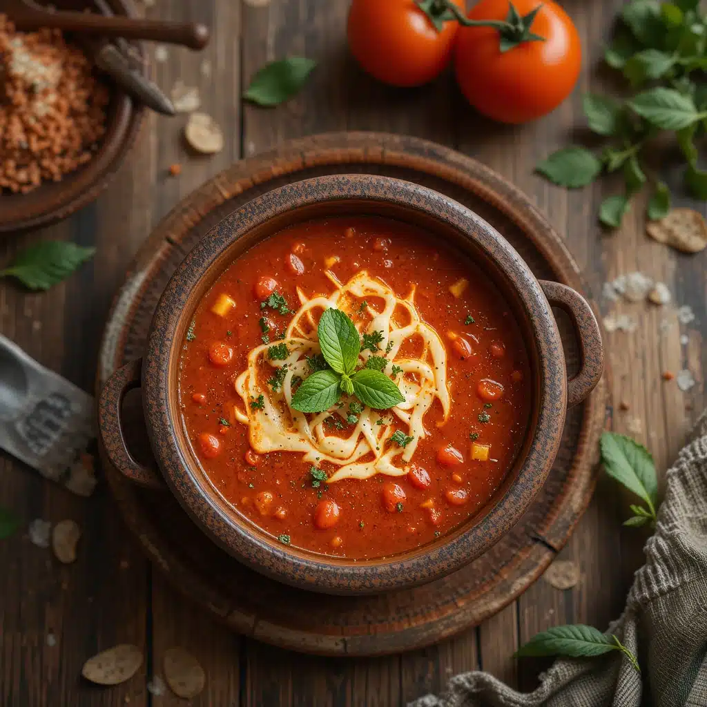 Turkish tomato soup recipe in a rustic bowl with cheese and mint