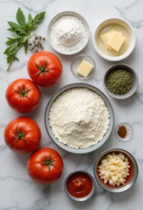 Turkish tomato soup ingredients flat lay with herbs and cheese